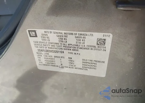 2012 Chevrolet Equinox 1Lt из США, поврежденный, VIN 2GNFLDE5XC6251124